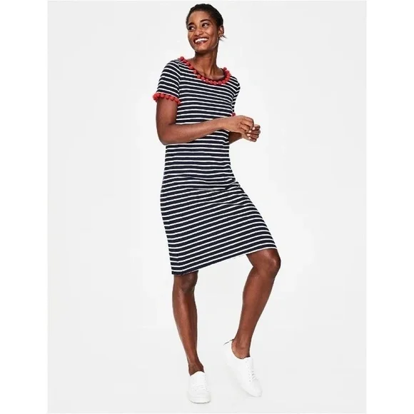 BODEN Bridget Jersey Knit Dress Navy White Stripe Red Pom Poms Shift Size 6 - Picture 5 of 16